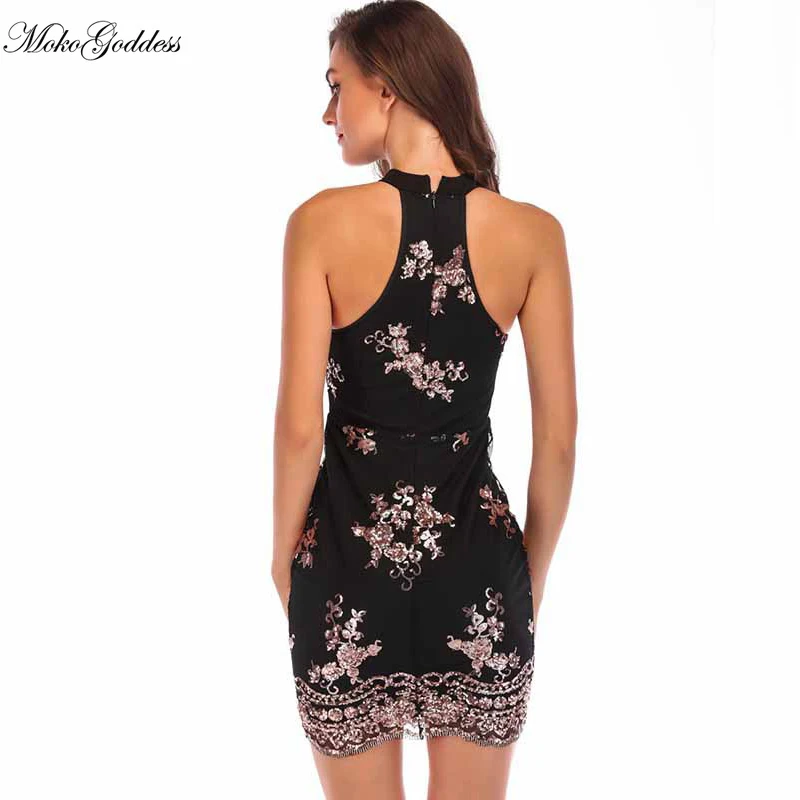 Платье-Карандаш женское золотистое с блестками и лямкой на шее | Женская одежда