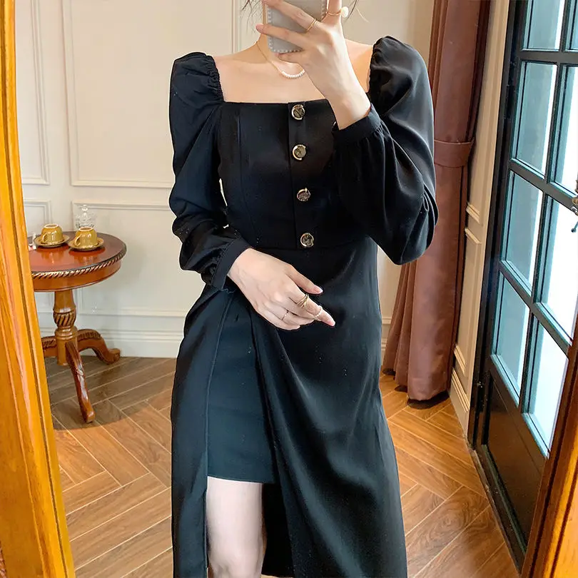 

Elegant Dress Women Casual Office Lady Midi Dress Chic Square Collar Long Sleeve Sexy Party One Piece Dress Korean 2021 Autumn