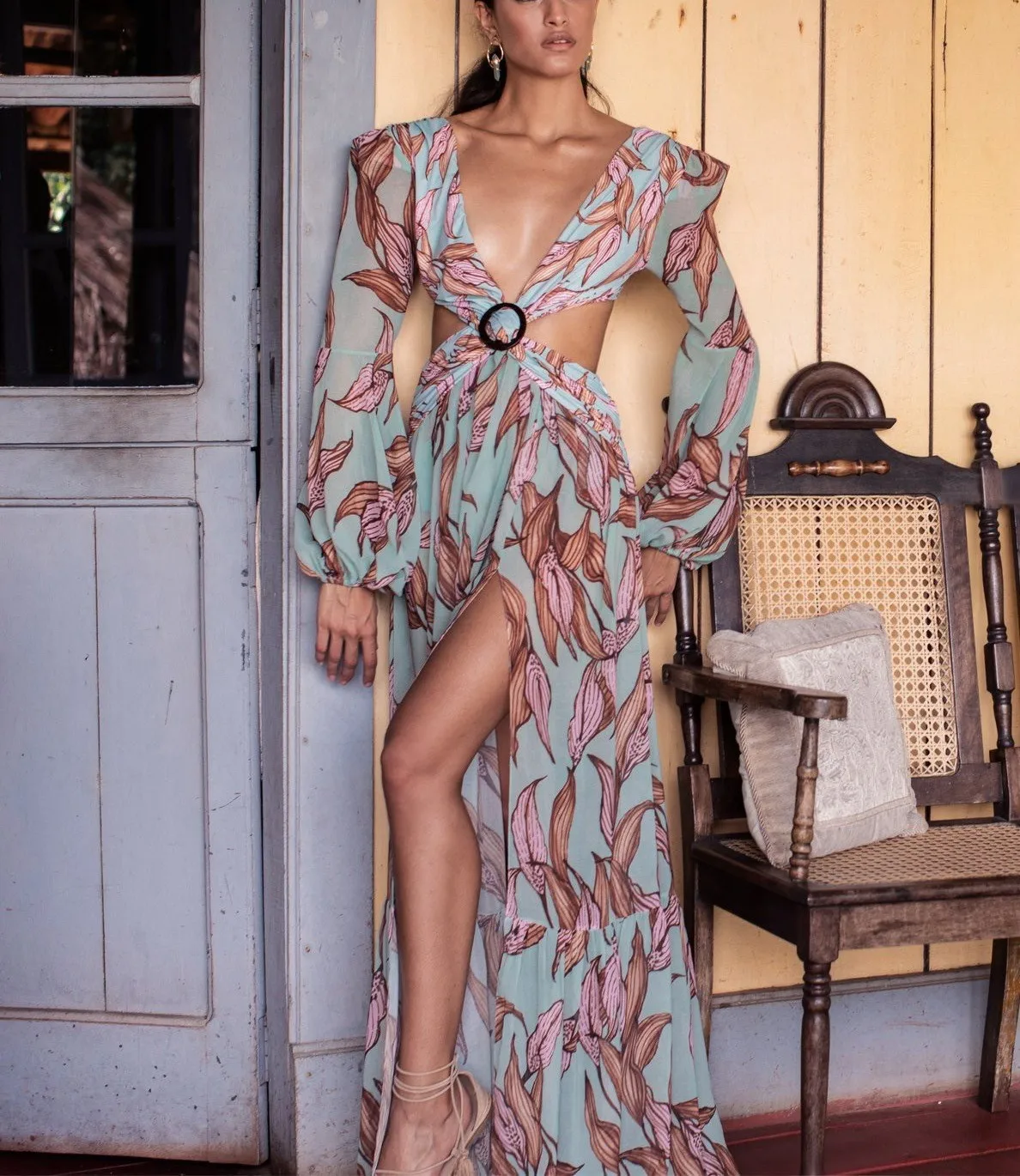Women's 2021 Sexy Personality Cross Leak Chest Lantern Long Sleeve Big Swing Printed Dress Swimsuit Beachwear