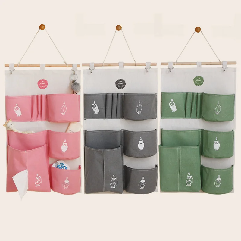 Wall Hanging Storage Bag Cotton Linen Over The Door Organizer 7 Pockets Hanging Storage Bags for Home Bedroom Closet Container