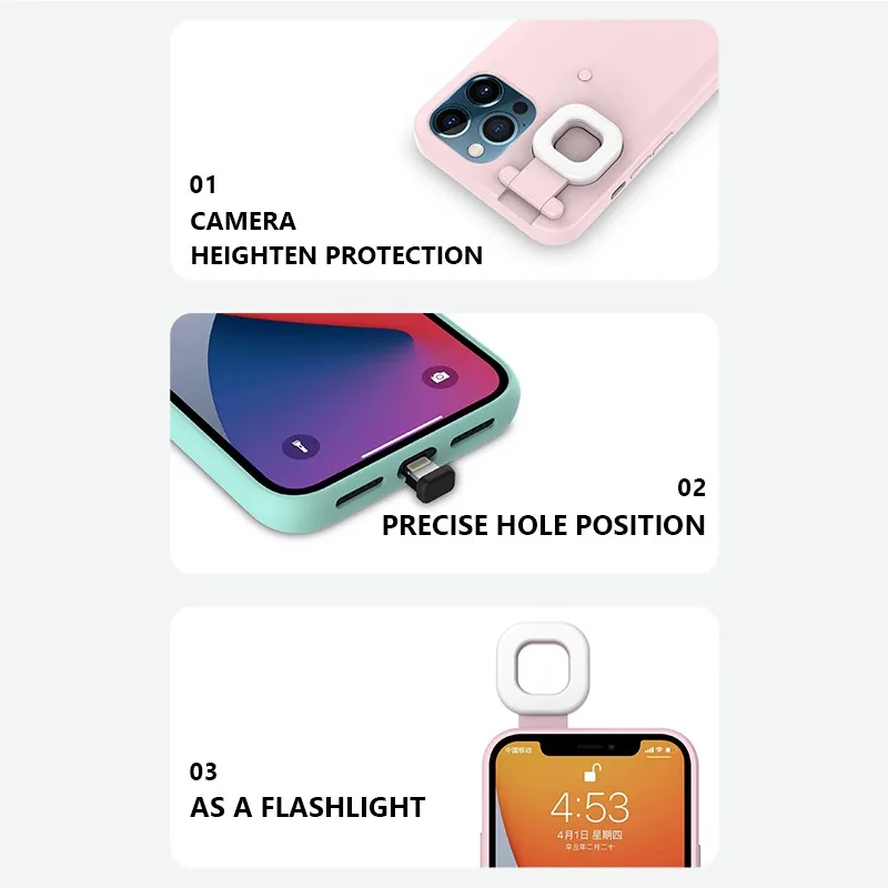 

Fashionable Ring Flash Protective Shell Selfie Beauty Fill Light Phone Case for Iphone 12/ 12 Pro/ 12 Pro Max