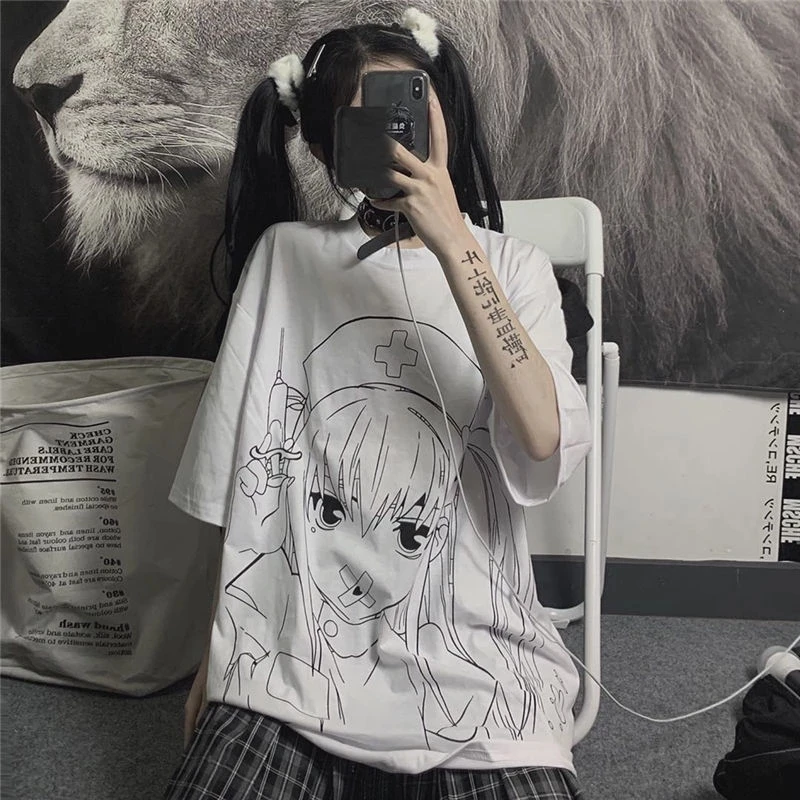 

HOUZHOU Goth Tshirt Women 2021 Harajuku Anime Girl Print Alt Clothes Aesthetic Streetwear Mall Goth Top Japanese Style Tee Shirt