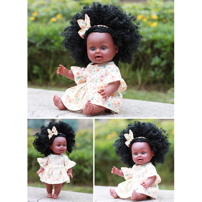 

9inch Action Figure Reborns Dolls Interactive Toy Realistic Vinyl Stuffed Doll African Dark Skin Girl Doll w/ Curly Hair A2UB