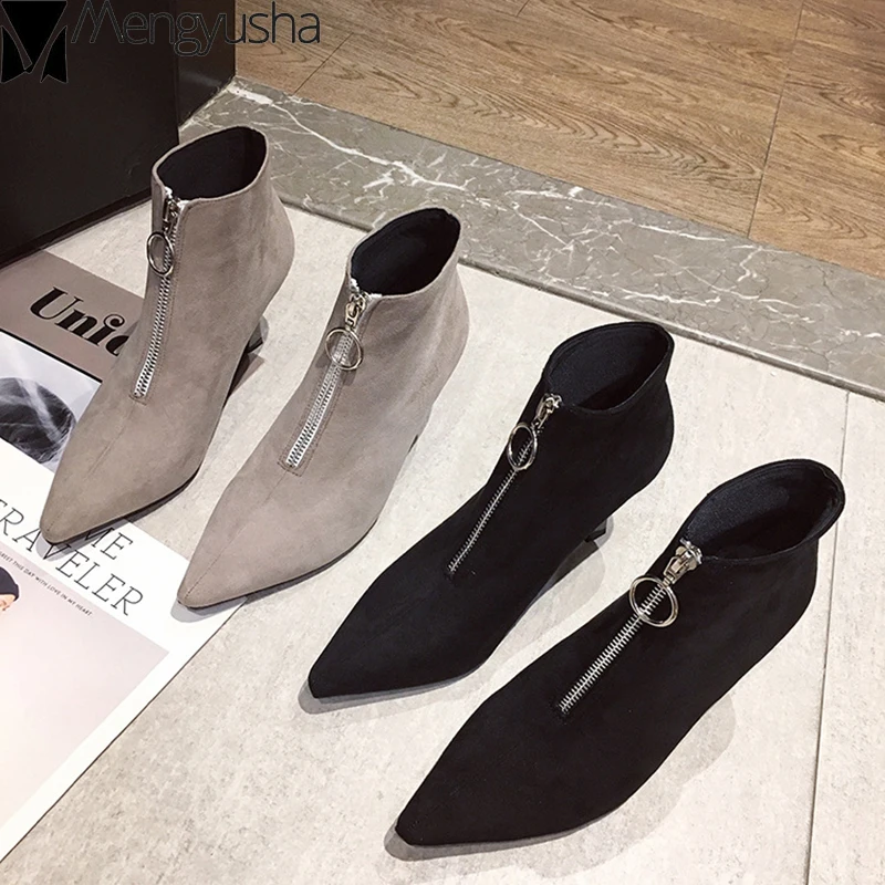 Короткие ботинки с острым носком на молнии спереди Модные Челси из флока тонком