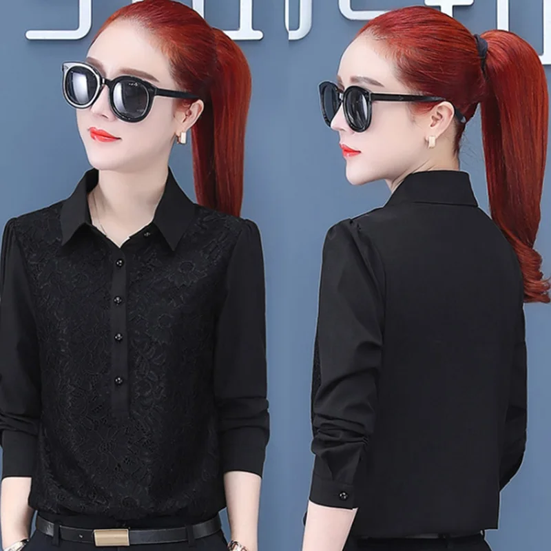 Женская шифоновая блузка белая размера плюс с кружевом и пэчворком черная Модная