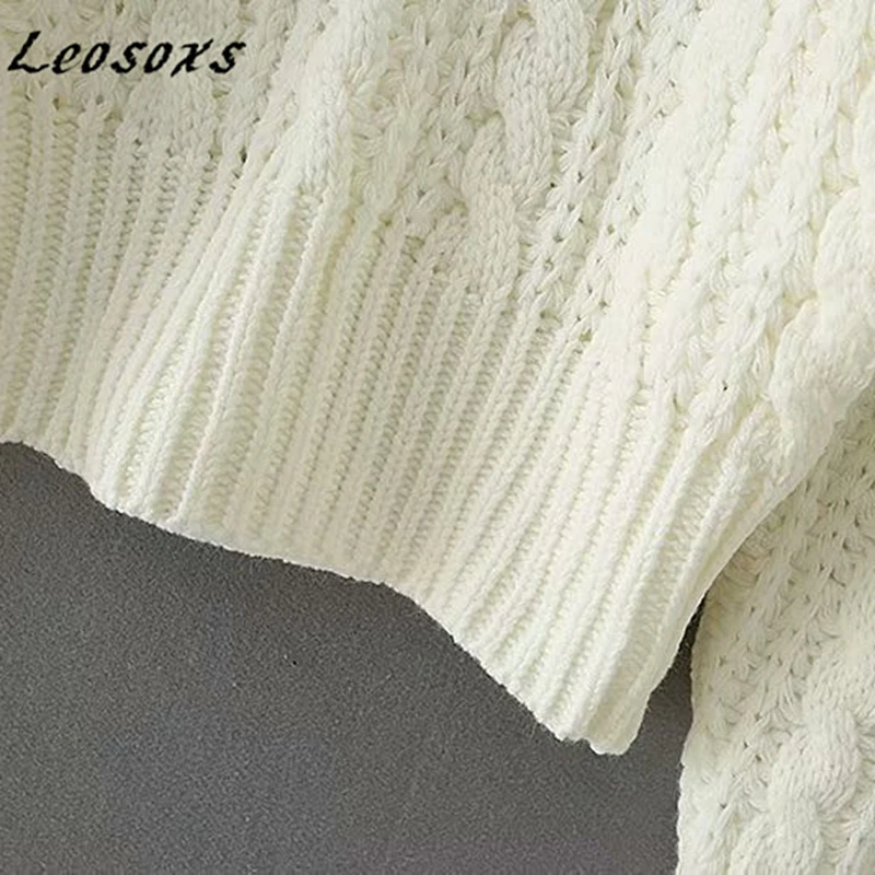 

Leosoxs French vintage Loose Hollow out twist Knitted women sweaters pullovers long sleeve Short Sweater 2021 Spring Autumn New