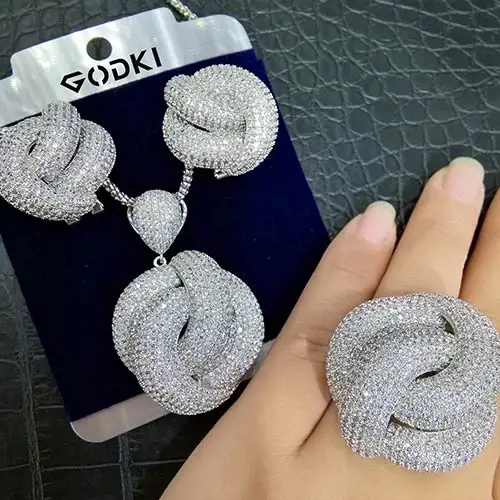 Silver Эксклюзивные свадебные комплекты ювелирных изделий цветок форма кубического циркония индийские свадебные ожерелья серьги кольцо с изменяющимся размером комплекты украшений для женщин - Окраска металла: Silver