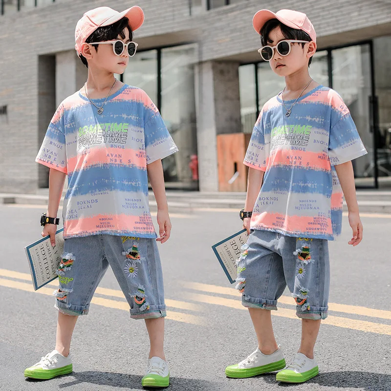 

Children Letter Print T-shirt+ Denim Short Slacks 2pcs Set Baby Kids Boys Summer Leisure Tee Shirt Suit Teen Trend Jeans Outfit
