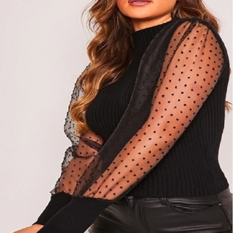 

Women's Sheer Mesh See-through Blouse 2020 New Fashion Elegant Slim Polka Dot Puff Long Sleeve Tops Shirt Turtleneck Fall Blouse