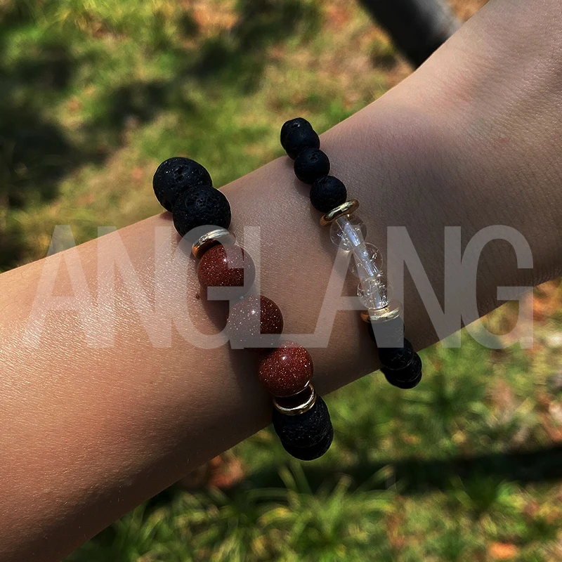 

Natural Stone Crystal Handmade Moonstone Volcanic Stone Bracelet Men Steampunk Simple Personality Fathers Day Gifts