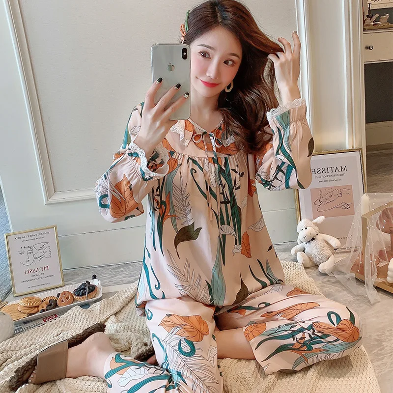 

Female 2PCS Pajamas Suit Casual Cotton Lace Nightwear Long Sleeve Sleepwear Summer New Nightgown Short Printed Pyjamas