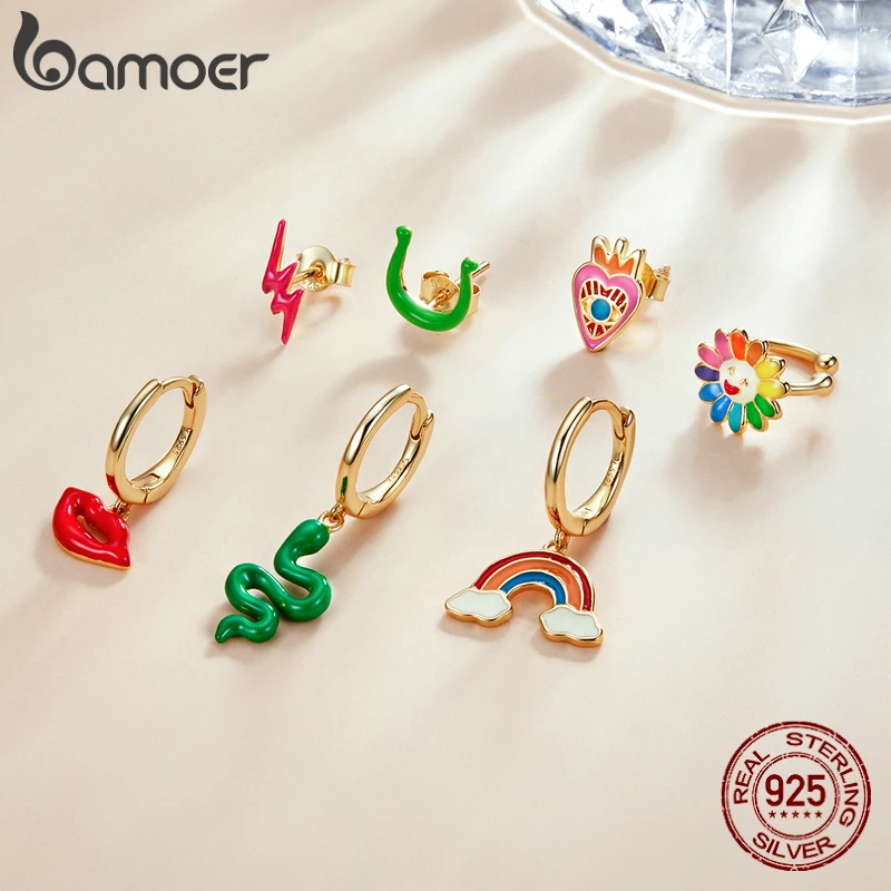 Bamoer-pendientes de plata de ley 925 con diseño de arcoíris, aretes pequeños, plata esterlina, diseño de ojo de amor, serpiente, labios rojos, girasol, rayo rosa, 1 pieza