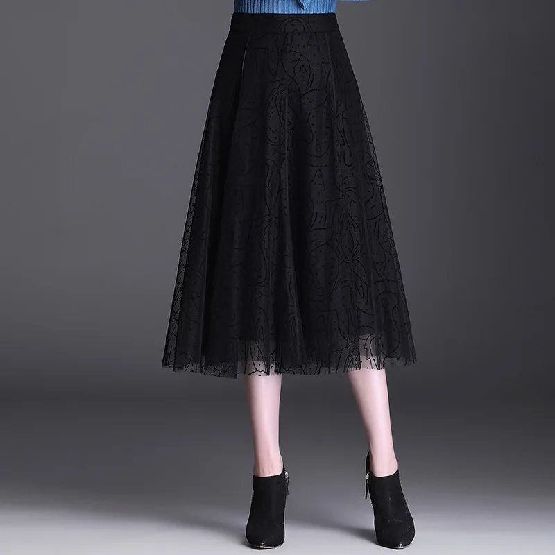 

Women Flocking Mesh Black Skirt Elegant Fashion Korean High Waist Loose Casual Office Lady A-line long Skirts Autumn Winter 5532