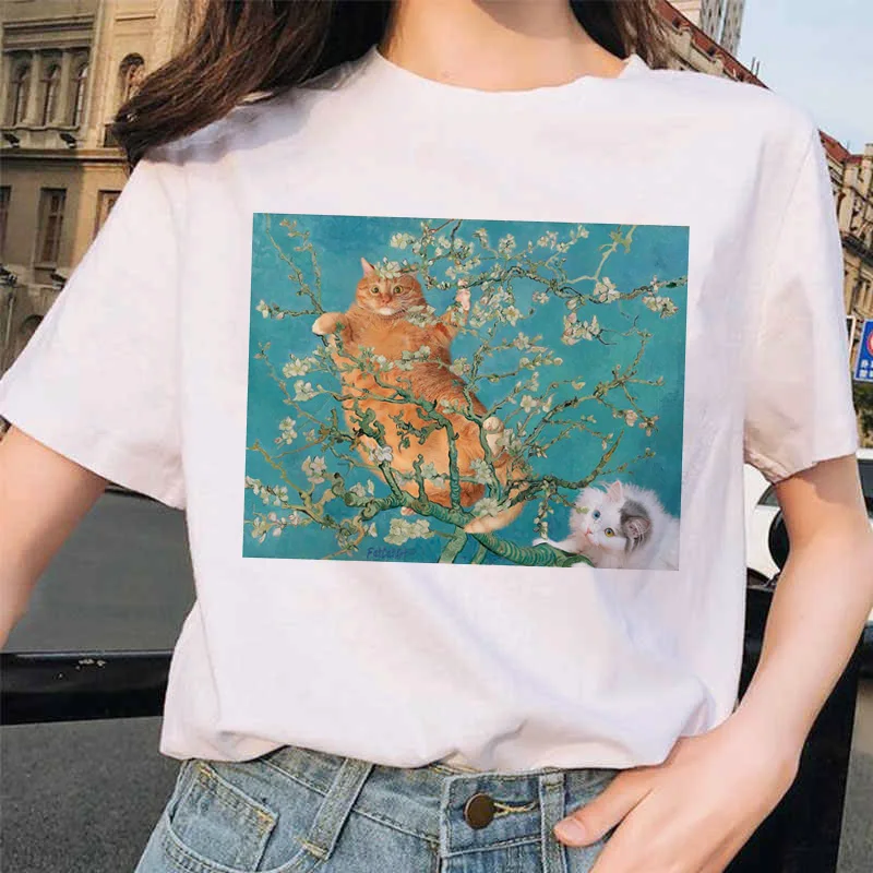 Van gogh женская футболка с рисунком кота, Рисунок маслом, решетка, принт, новая милая женская футболка, Повседневная футболка Harajuku, забавная футболка ulzzang grunge