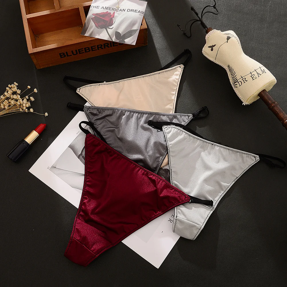 

Шелковые женские трусики, женские трусики-Тонги из ледяного шелка, женское нижнее белье без следов, эластичная лента для регулируемого комф...