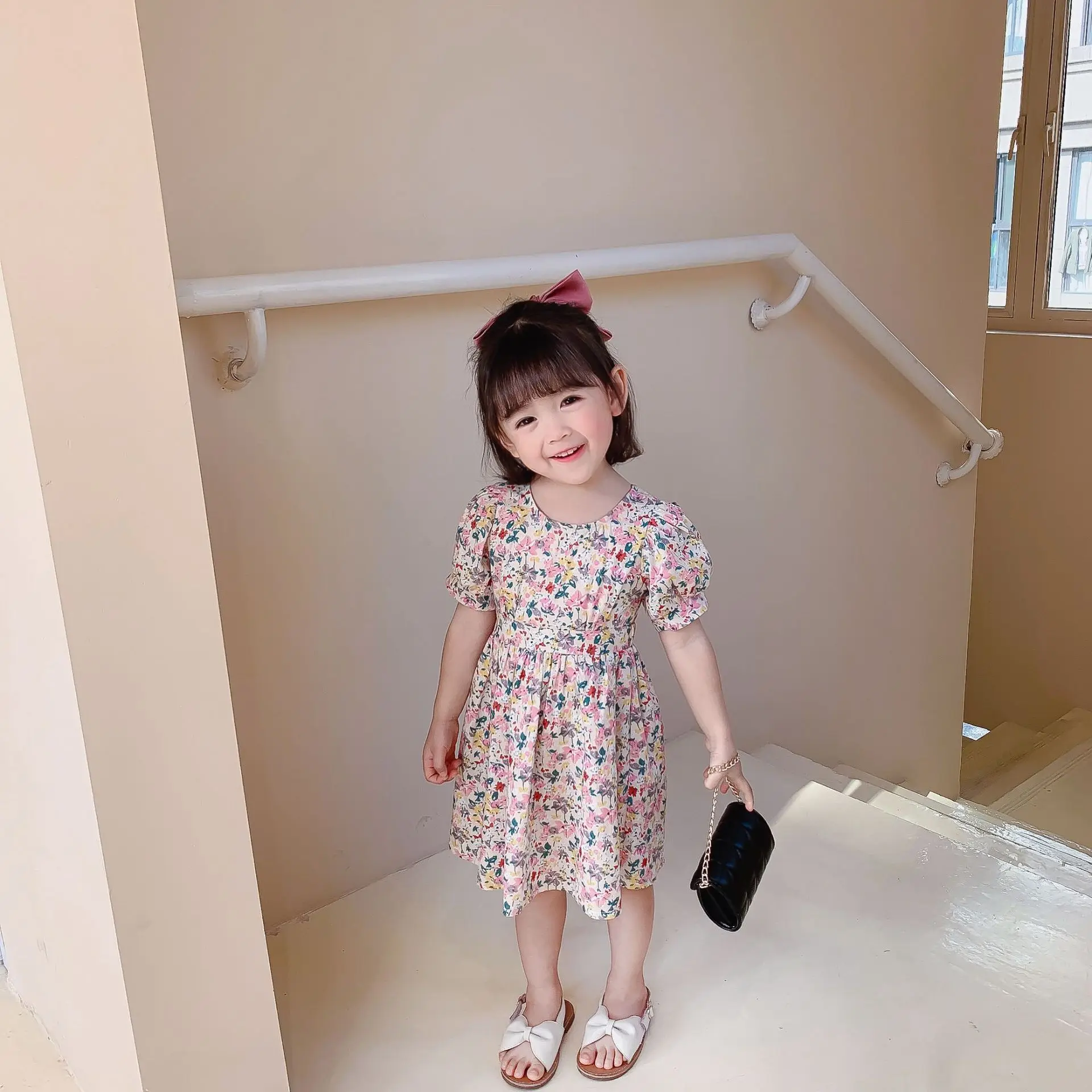 

2021 Summer kids dress short sleeve floral pattern printed backless design summer toddler dresses