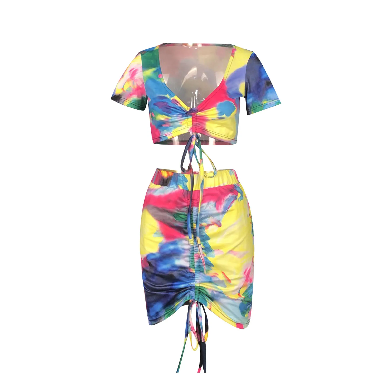 

hirigin 2021 New Style Women Sexy Two-Piece Suit Tie-dyed Printed Short Sleeve Crop Tops and Drawstring Skirt Summer Sexy Sets
