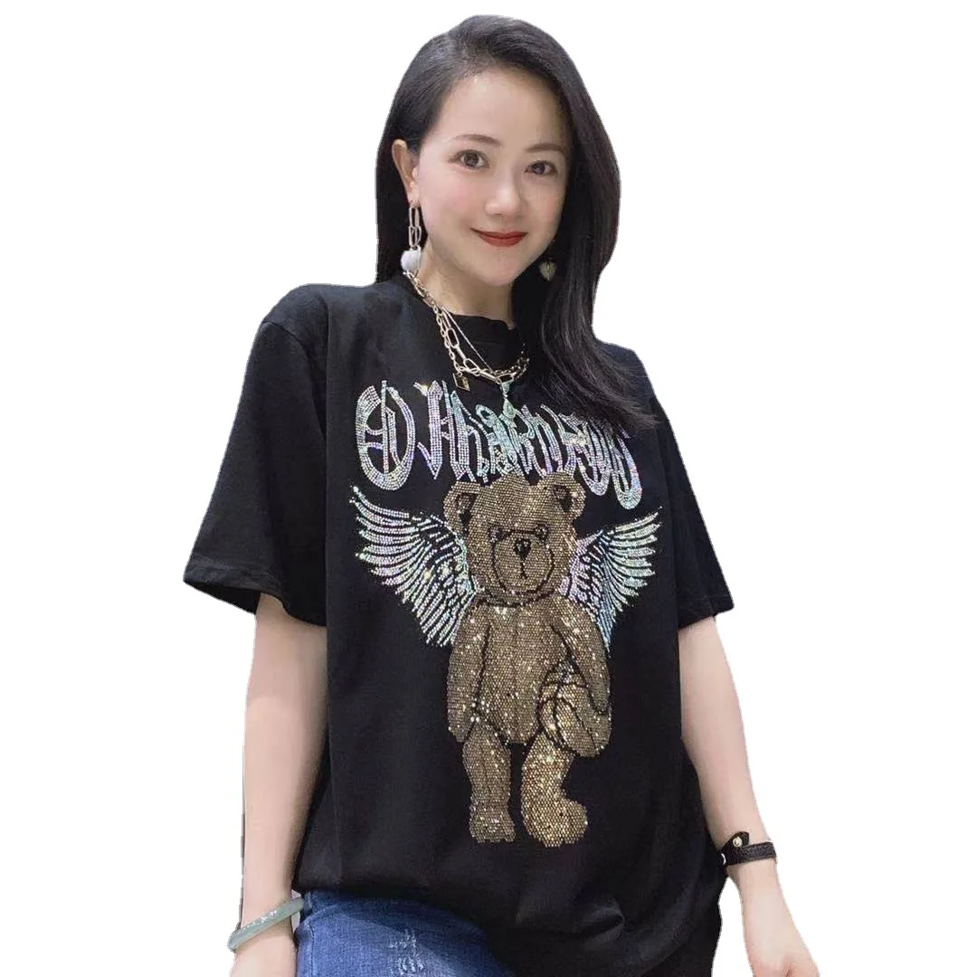 

2021 Summer Thin Material Round Neck Pullover Short Sleeve T-shirt Female 2038 European Leisure Large Size Heavy Industry Wings