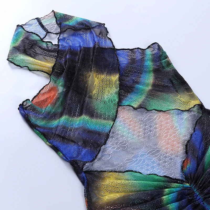 

ONEINALL Blue Sexy Dress For Women V Neck Sleeveless High Waist Mini Hollow Out Hit Color Dresses Female Summer Clothes 2021 New