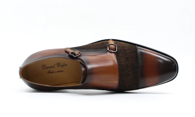 DANIEL WAFER Brand Designer Monk Strap Mens Dress Shoes Genuine Leather With Denim Black Brown Wedding Party Dress Shoes Men
