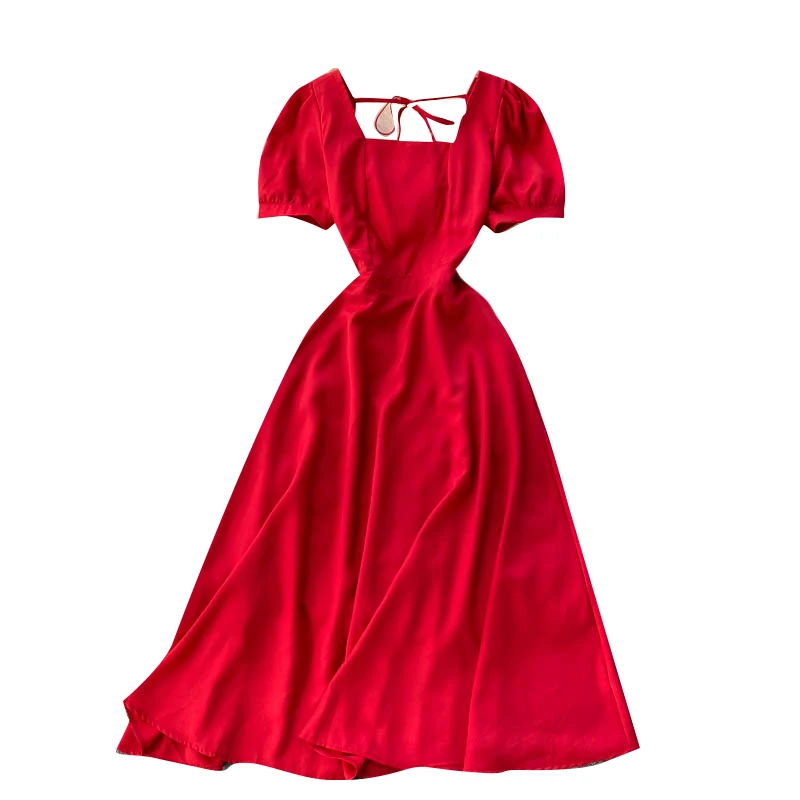 

0 Spring French Retro Vestidos Women's Square Collar Puff Sleeve Slim Slimming Pure Color Temperament Midi Dress C670