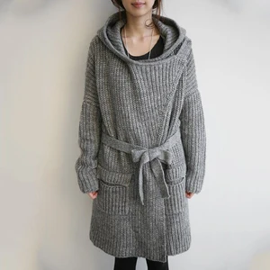 Длинный вязаный кардиган с капюшоном на осень и зиму, свободный плотный Однотонный свитер, Женский вязаный кардиган в Корейском стиле с карманами и поясом