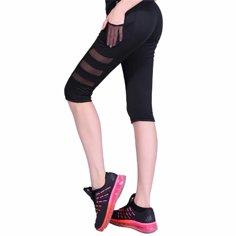 

Women High Waist Yoga Gym Legging Calf-length Pants Pant Sport leggings Fitness Girl Black Mesh 3/4 Yoga Pants