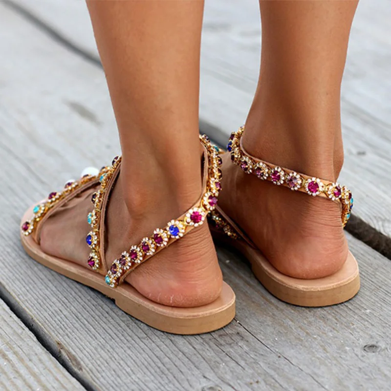 

Women Flat Rhinestone Thong Woman Pu Leather Slip On Female Beach Shoes Ladies Fashion Footwear Dropshipping New Summer Sandals