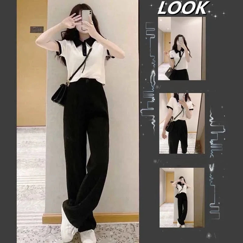 

Summer Patchwork two piece women Korean Fashion Polo-Neck short sleeves top+High Waist Wide Leg Pants Casual plus size sets