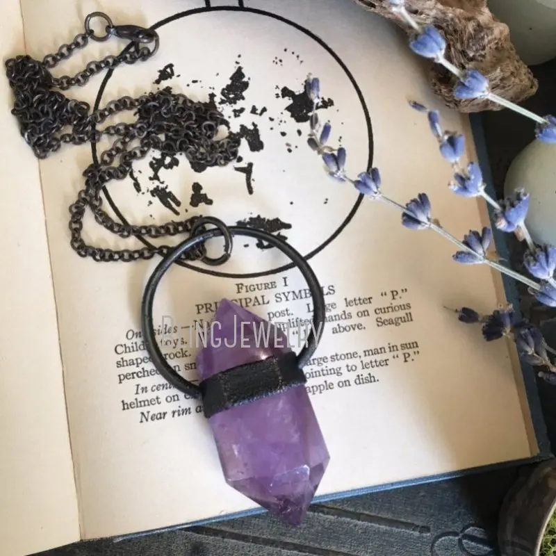 NM35251 Large Amethyst Pendant Crystal Necklace Electroformed Crystal Necklace Big Purple Stone Necklace Gypsy Gothic Jewelry