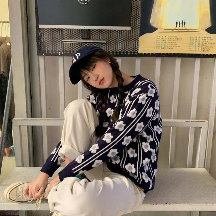 

2 colors knitted Sweater Autumn and winter 2020 loose korean style floral thick warm Sweaters and pullovers womens (F1365)