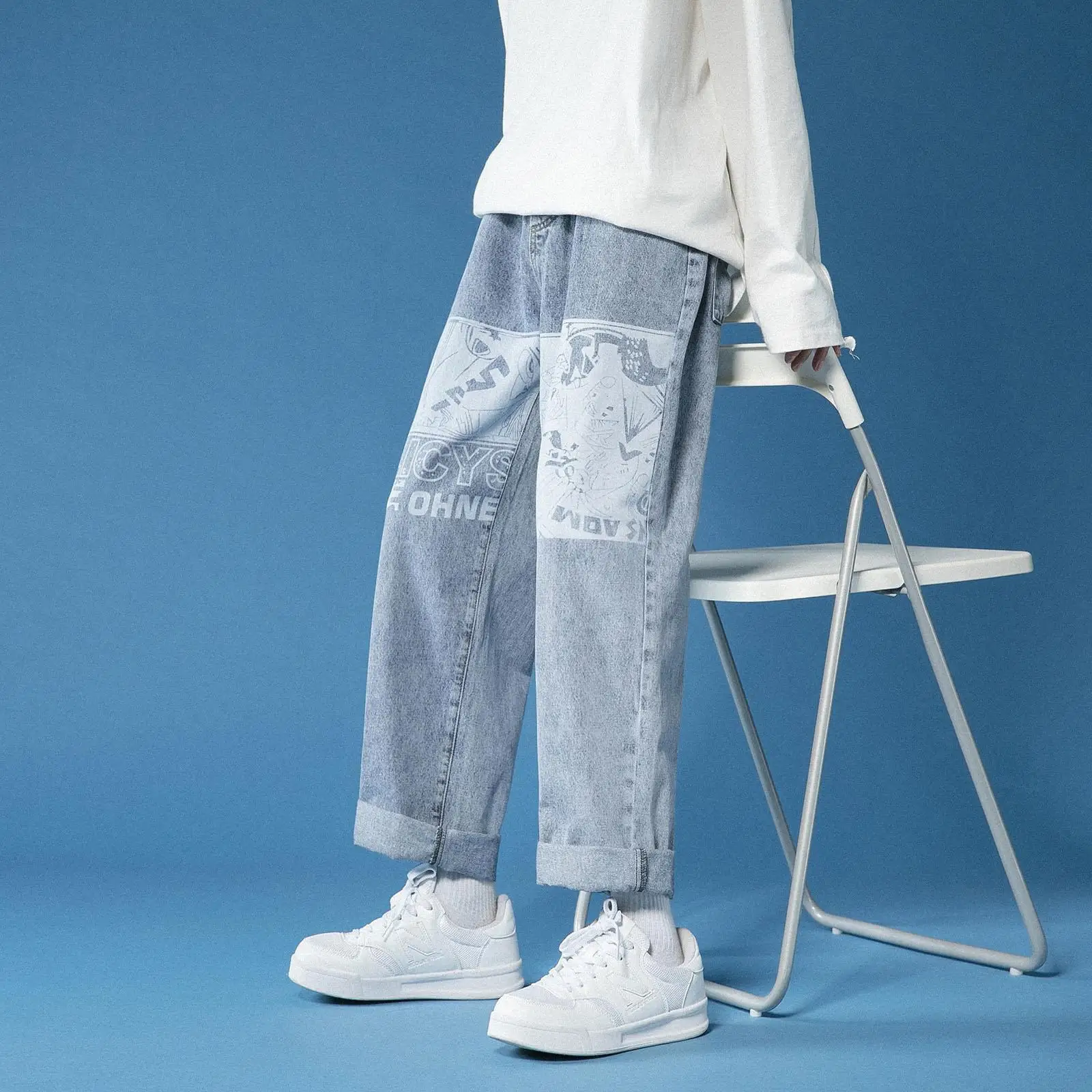 

Jeans men's fashion brand loose fit Korean fashion versatile original suzerain print straight tube drop feeling wide leg daddy