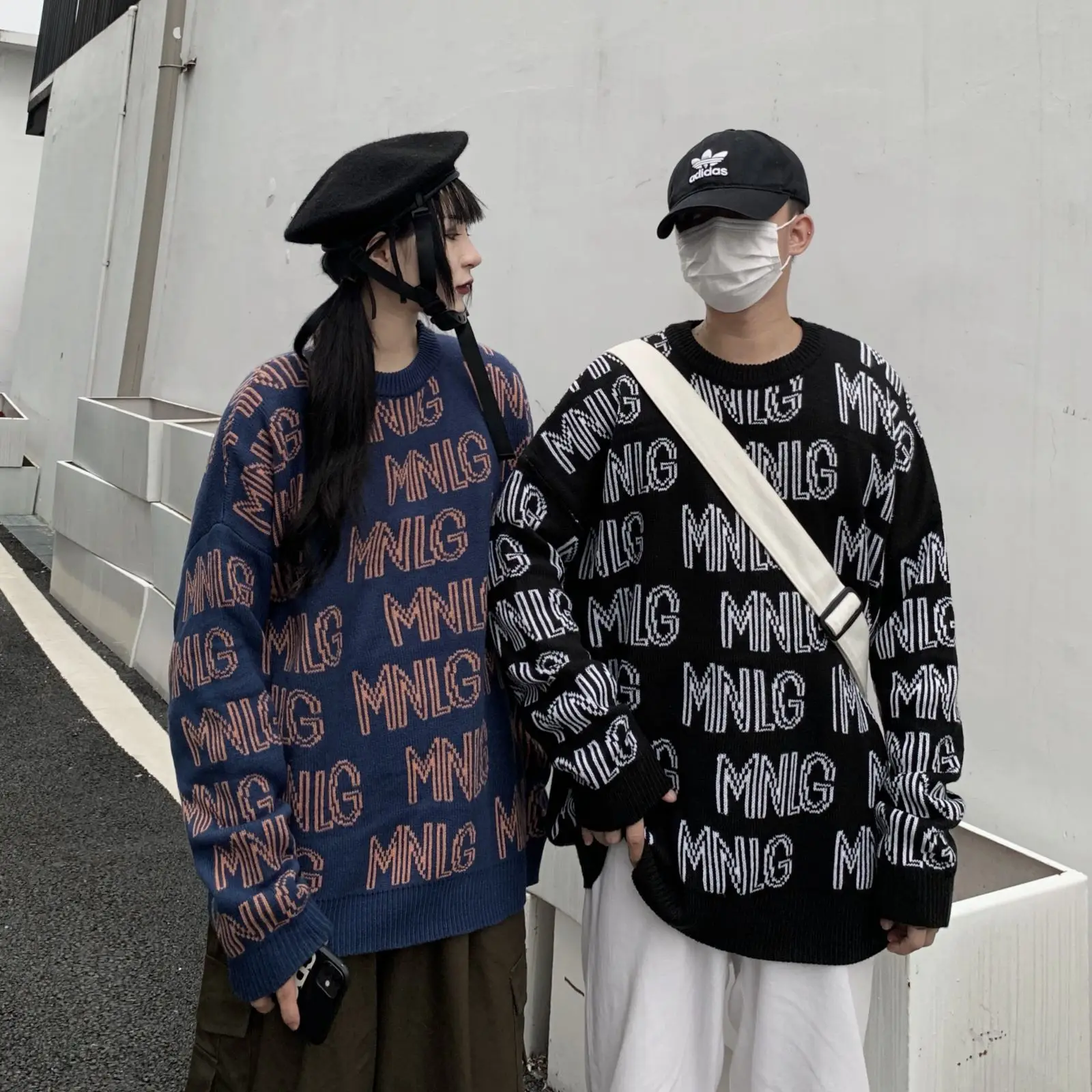 

Корейский жаккардовый пуловер с надписью и круглым вырезом Свободный теплый вязаный свитер для мужчин женщин мужчин пар