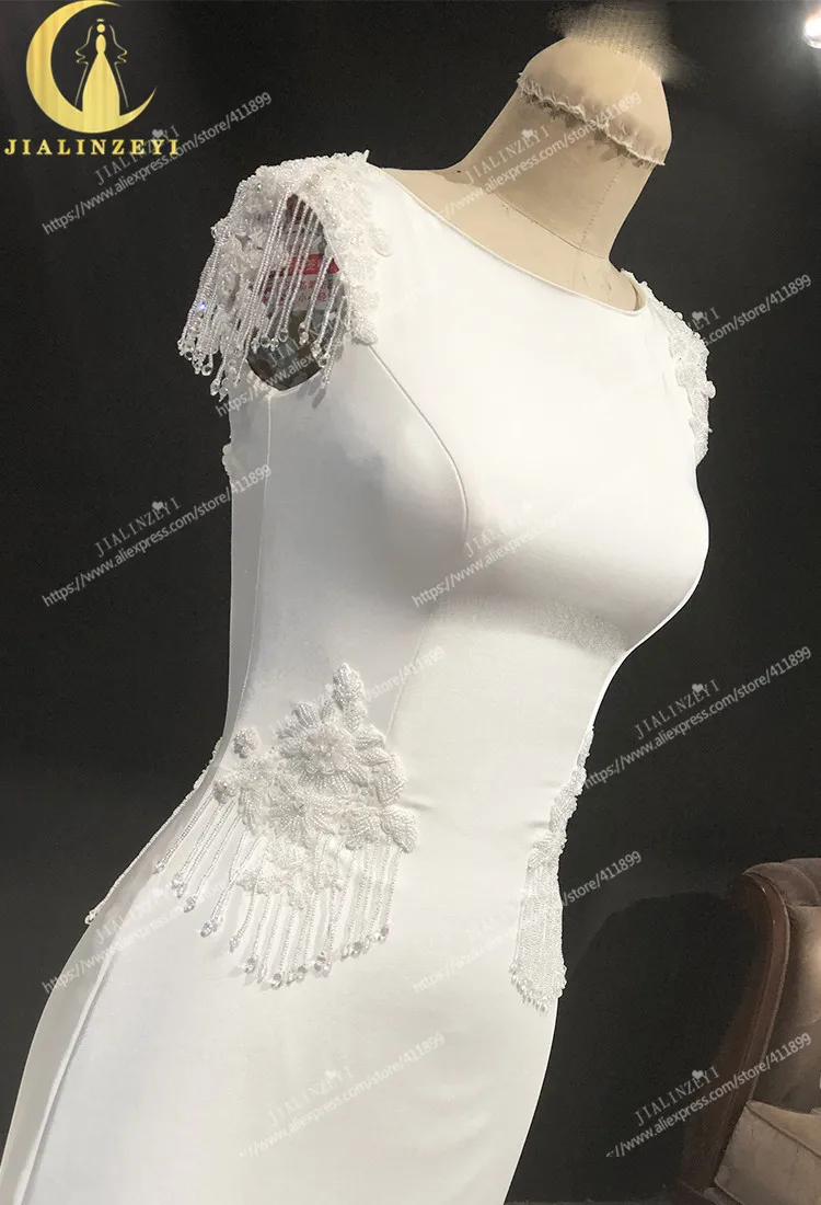 Rhine real Pictures short sleeves Satin with Beads Mermaid vestidos de noiva robe mariage Wedding gown wedding dresses