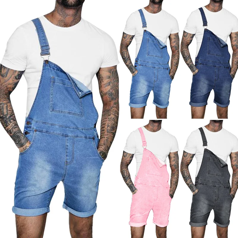 

Men Denim Bib Workwear Fashion Denim Jumpsuit Shorts with Pocket Jumpsuits Rompers Summer Hi Street Overalls Suspender Pants