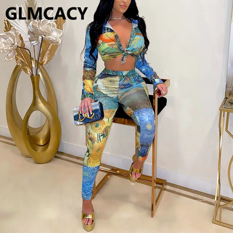 

Women Two Piece Oil Painting Printed Shirt Set Long Sleeve Button Up Shirt Blouse & Slim Pants Set