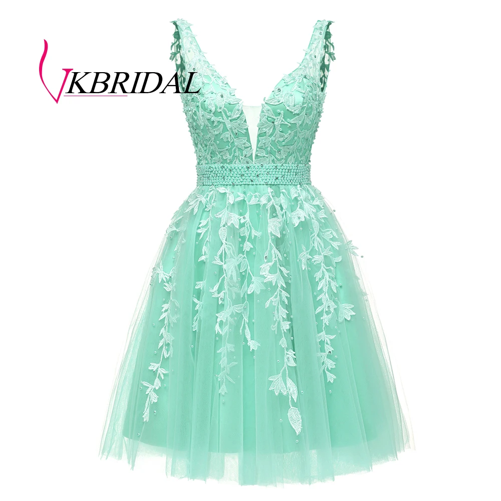 Женское короткое платье для выпускного вечера VKBRIDAL кружевное из тюля с глубоким v
