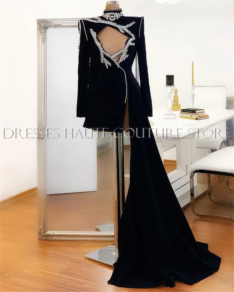 

Custom Made Black Evening Dresses Mini Crystals Special Occasion Dresses Evening Wear Dubai Long Sleeves Photography Gowns