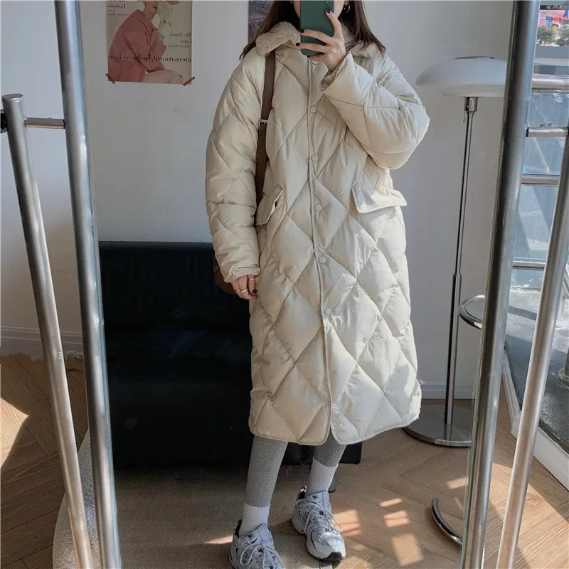 Elegant Solid Long Coat Women Korean Style 2021 New Winter Parkas Casual Faux Fur Collar Thick Warm Jacket Female