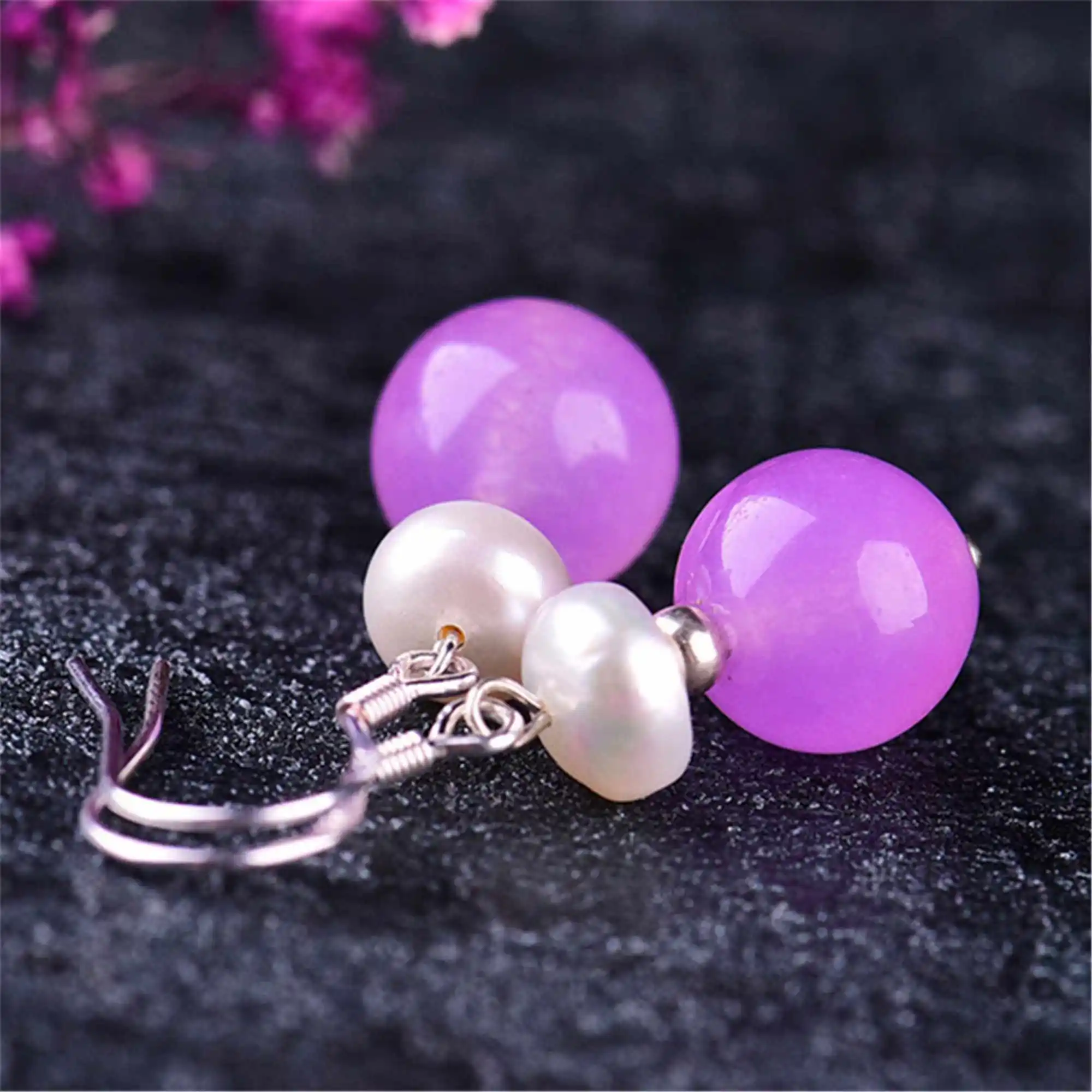

Gray shell pearl Purple Chalcedony Gemstone Tibet silver Earrings Accessories Ear stud Beautiful Fashion Thanksgiving Women