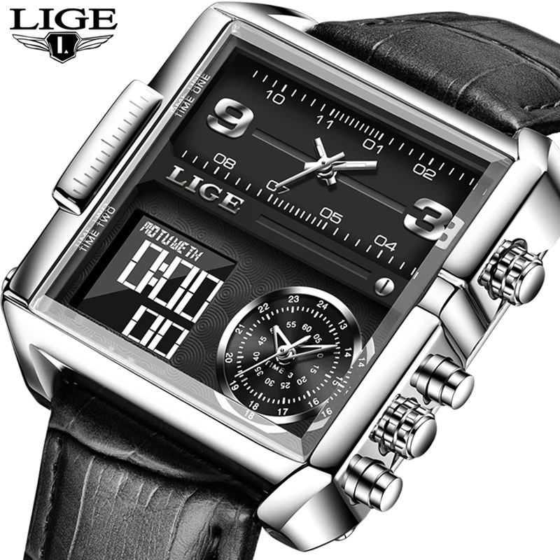 LIGE Original Watch Men Top Brand Luxury Rectangle Quartz Military Watches Waterproof Luminous Leather Wristwatch Men Clock+Box lige new mens watches top brand luxury men s military sports watch men silicone waterproof clock analog quartz wristwatch box