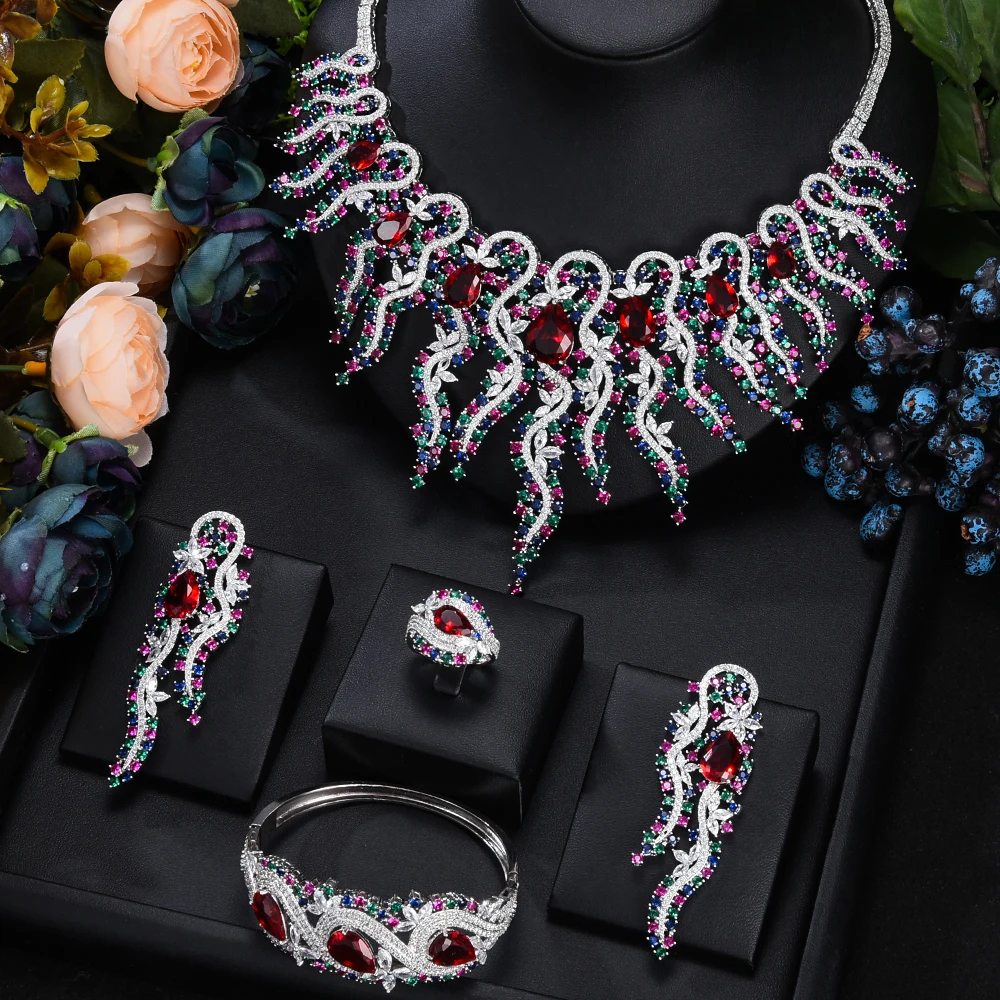 

KellyBola Luxury Emeralds 4PCS Firework Necklace Earring Bangle Ring Jewelry Sets For Women Wedding Indian Bridal Jewelry Sets