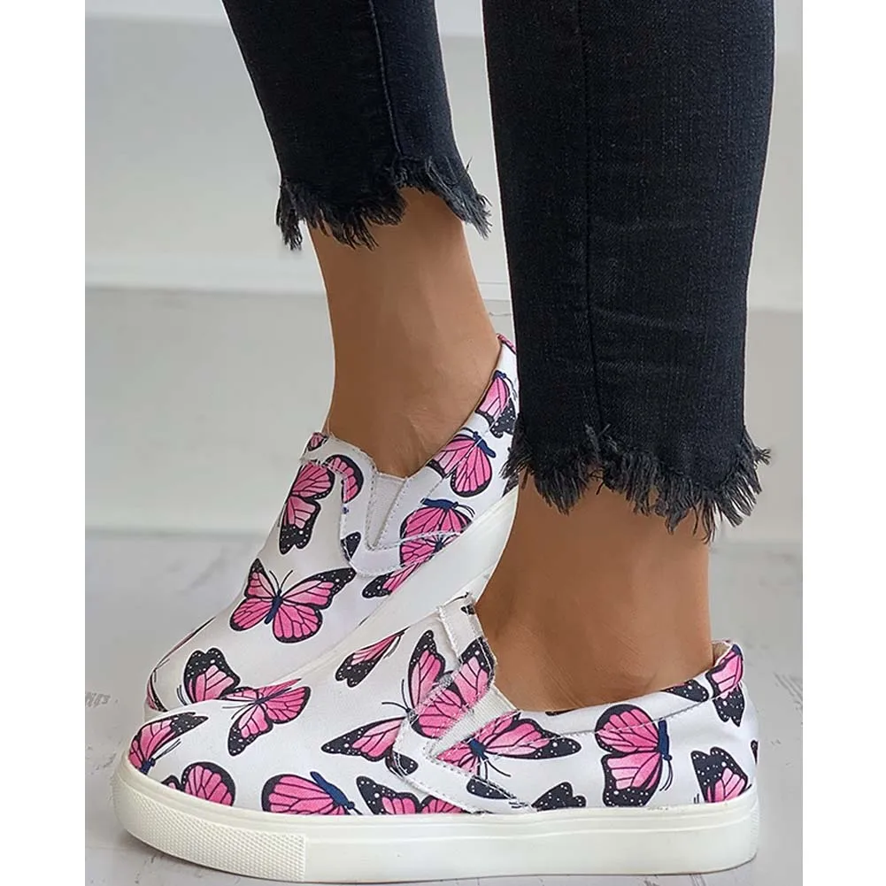 

Brand New Female Fashion Trendy Shallow Vulcanized Butterfly Thick Bottom Slip On women's Flats Print Soft Casual Shoes Woman