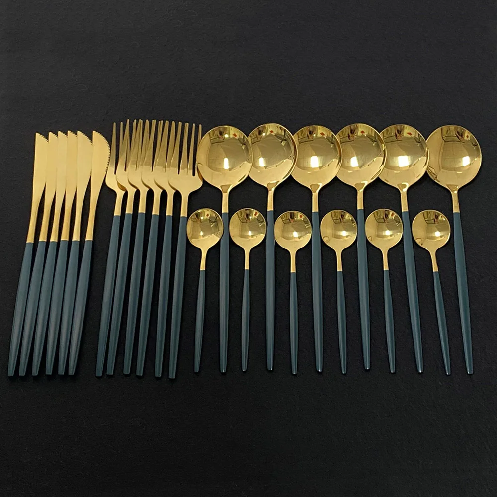 

24Pcs New Green Gold Cutlery Set Mirror Dinnenrware Set Stainless Steel Flatware Dinner Knife Fork Spoon Teaspoon For Home