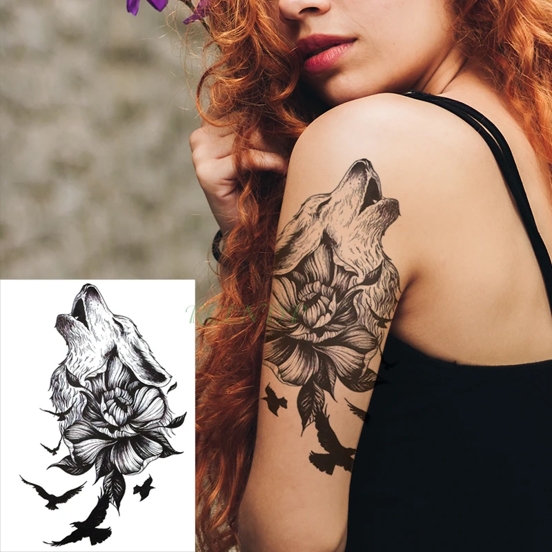 

Waterproof Temporary Tattoo Sticker roaring wolf head bird animal flower tatto black flash tatoo fake big tattoos for men women