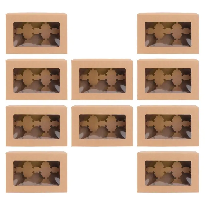 

10pcs 6 Cavities Kraft Paper Cupcake Box With Inserts Cupcake Containers Bakery Cake Carriers For Home Dessert Shop Supplies