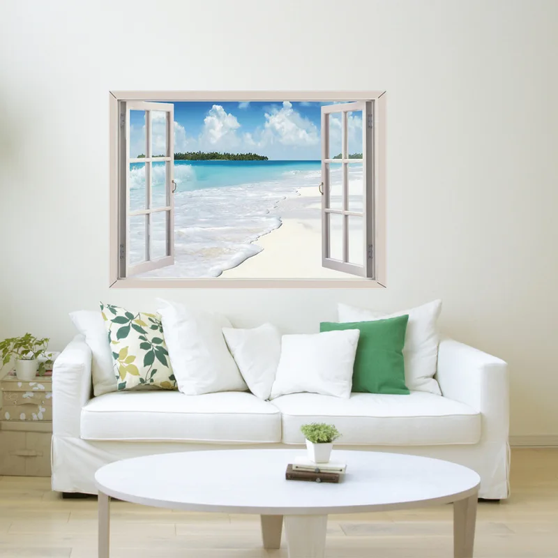 

3d-наклейка на окно, пляж, фотообои, наклейки для офиса, гостиной, спальни, домашний декор, настенный плакат, водонепроницаемые художественны...