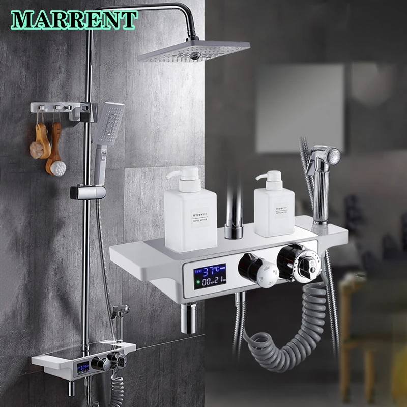 

Digital Bath Shower Set White Chrome Hot Cold Bathroom Shower Mixer Faucets Marrent Brass Thermostatic Bath Shower System Set