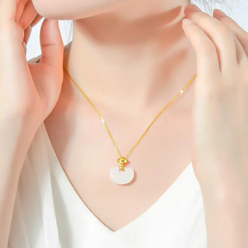 

Sterling Silver Pendant Mini Gold Inlaid with Jade Longevity Lock Women's Inlaid Hetian Jade 3D Sterling Silver 925 Necklace