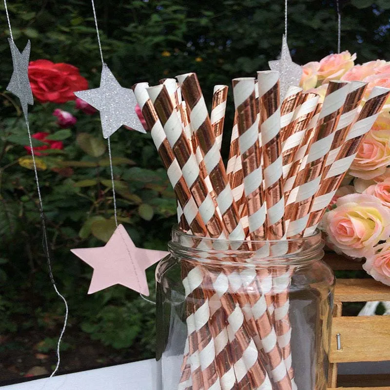 

25pcs Rose Gold Paper Straws Strip Dot Drinking Straw Kids Disposable Tableware Wedding Birthday Party Decoration Party Supplies